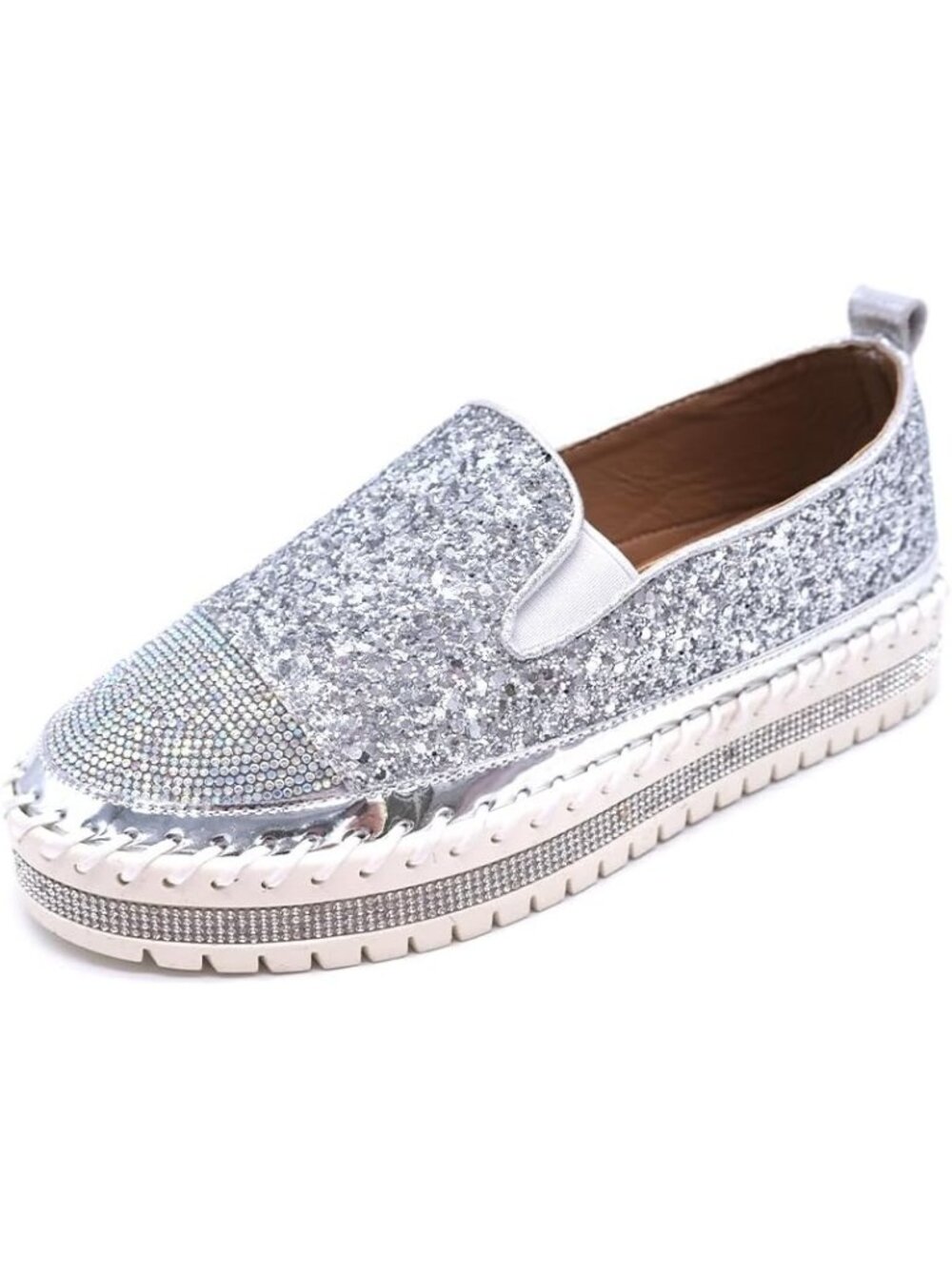 Women's Silver Fashion Rhinestone Slip On Comfort Glitter Bling Walking Shoes